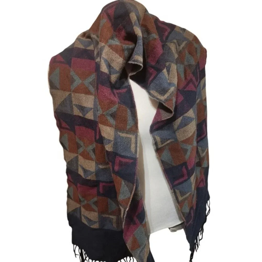 Harry Rosen Geometric Mosaic Scarf Burgundy Navy Tan Wool Blend Fringe‎ Trim